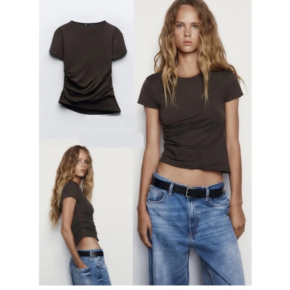 ZARA Brown Ruched Short Sleeve Tee